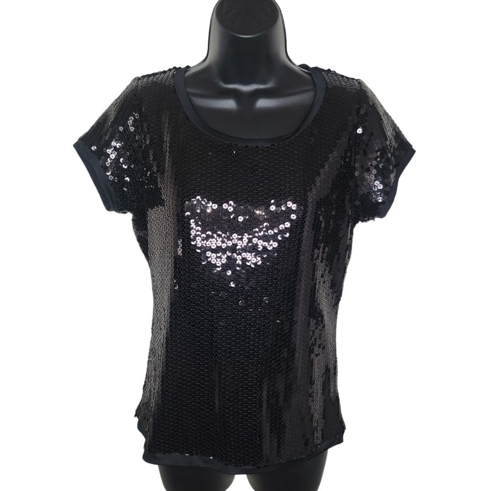 August Silk Knits black sequin top blouse size Medium